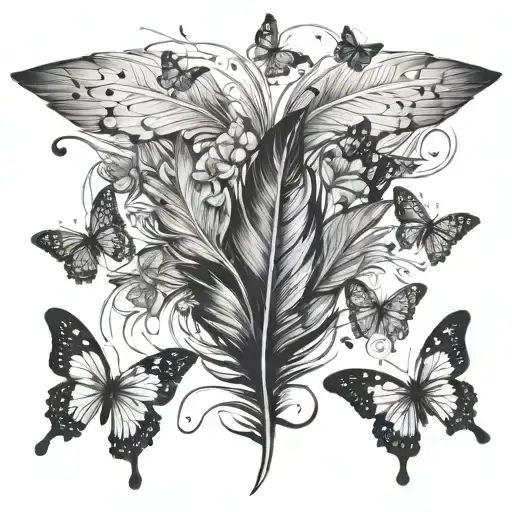 White And Black Feather With Butterflies Flying