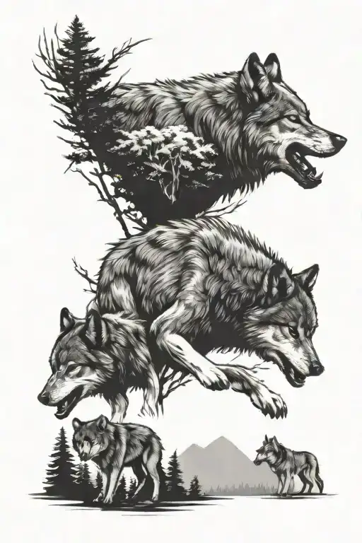 Aggressive Wolf With Two Cubs And A Forest In The Background