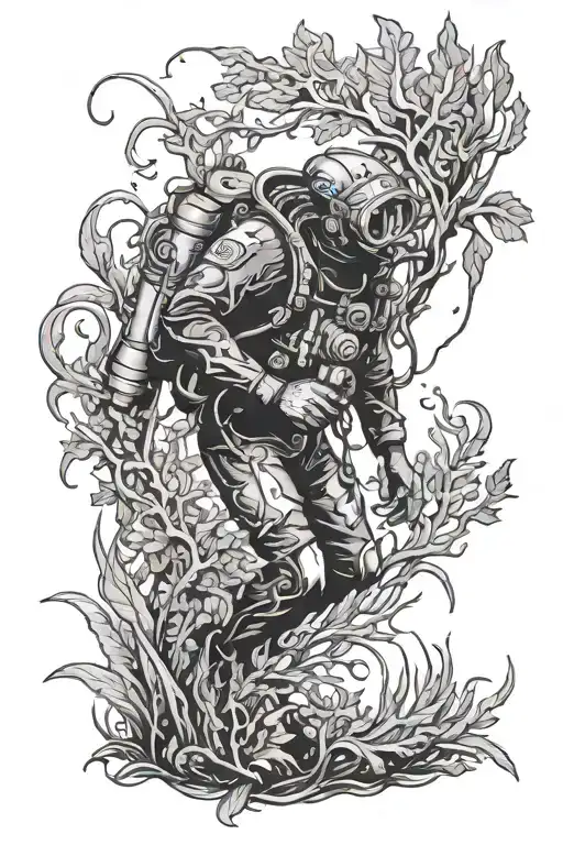 Vintage Scuba Diver Surrounded By Kelp Forest
