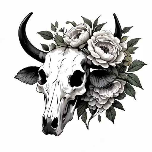 Cow Skull With Peonies Growing