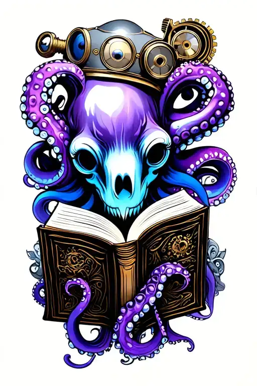 Steampunk Octopus Reading Book Purple And Blue