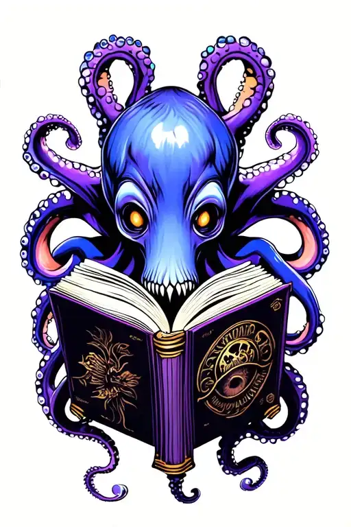Steampunk Octopus Reading Book Purple And Blue Not Scary