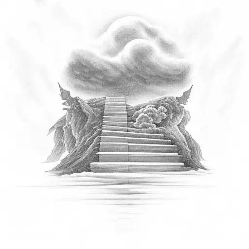 Stairs Going Into Heaven With A Cross At The Top Of The Stairs With Cloud Background