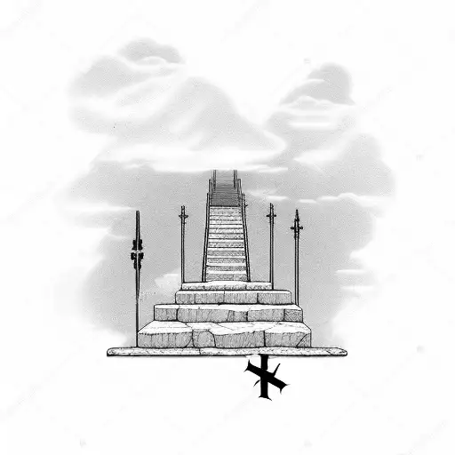 Front Facing Stairs Going Into Heaven With A Cross At The Top Of The Stairs With Cloud Background