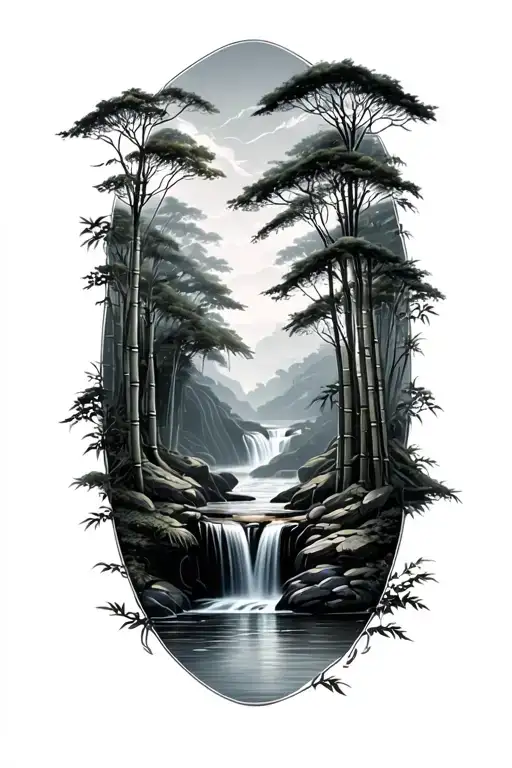 Bamboo Forest With Waterfall Surrounded By Lush