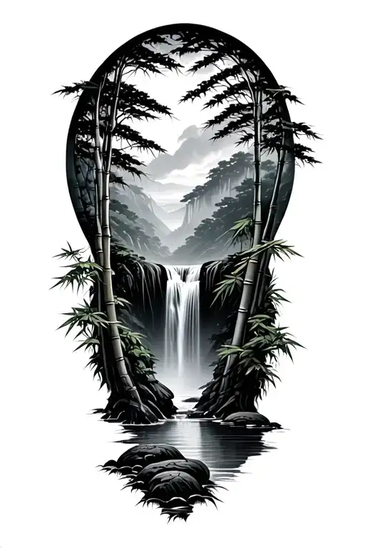 Bamboo Forest With Waterfall