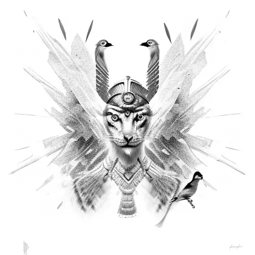 Pharoah With Smokey Eyes And Bird With Open Wings Under