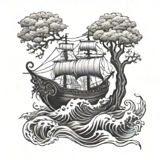 Viking Ship Sailing A Rough Sea With The Tree Of Life Intertwined With The Earth