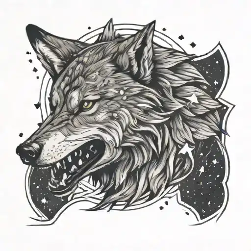 Growling Wolf With Sky Filled With Stars