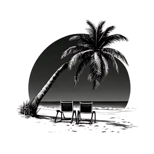 Palm Tree With Two Chairs At The Beach Black And Gray Scale