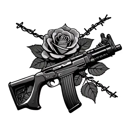 Ak-47 With Rose And Barb Wire Around It Luminous Points