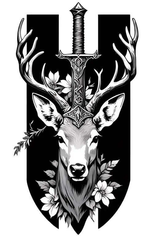 Knights Sword Going Through Deer Head With Flowers Background