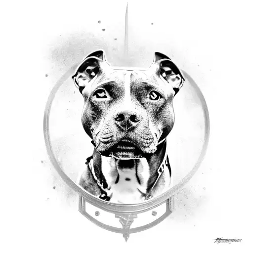 A Black And Grey Realistic Portrait Of A Pitbull With A Halo Of Animal Paw Prints Around Its Head