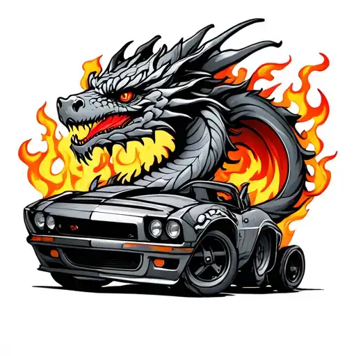 Dragon With Flames And Car Parts Tattoo