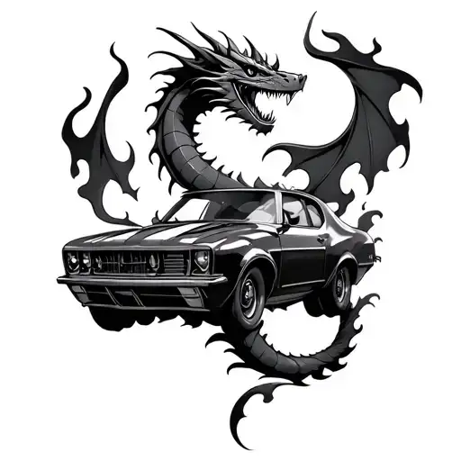 Dragon With Flames And Car Components Tattoo