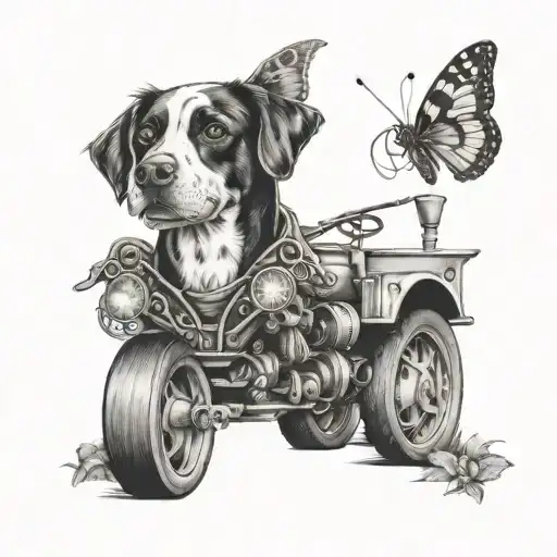 A Tracter With A Dog And Buterfly