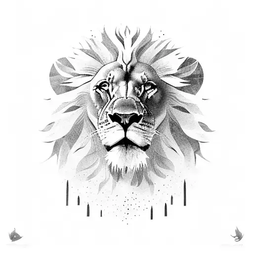 A Lion Surrounded By Nature Scenes With A Touch Of Black-grey Shading