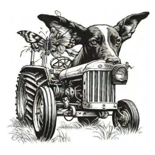 Tracter With Dog By Its Side And Butter Fly On The Tractor