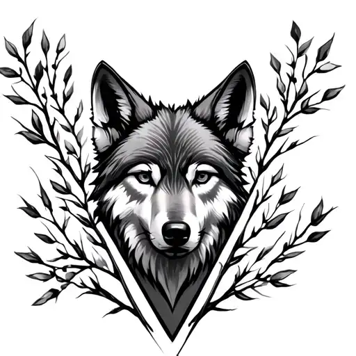 Small Minimalist Wolf Head Facing Forward Lined With A Large V Made Of Privet Branches