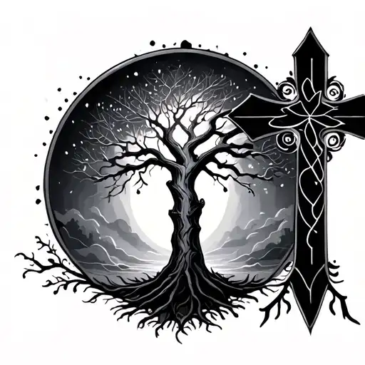 Cross With Tree And Gourglass