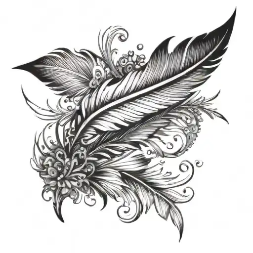 A Black-grey Tattoo Of A Feather Floating In The Wind With Intricate Details