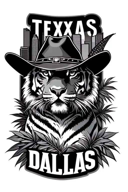 Tiger And Dallas Skyline With Jungle Leaves And State Of Texas Wearing A Cowboy Hat Tattoo