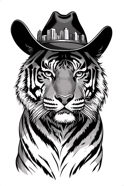 Tiger Wearing A Cowboy Hat With Dallas Skyline