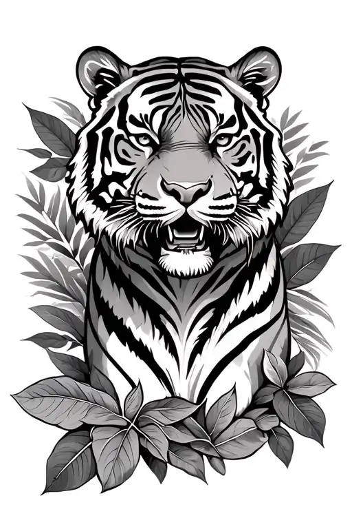 Tiger With Jungle Leaves Half Sleeve Tatoo Design