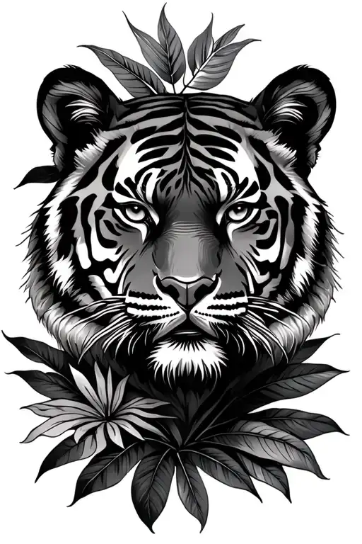 Tiger With Jungle Leaves Half Sleeve Tatoo Design
