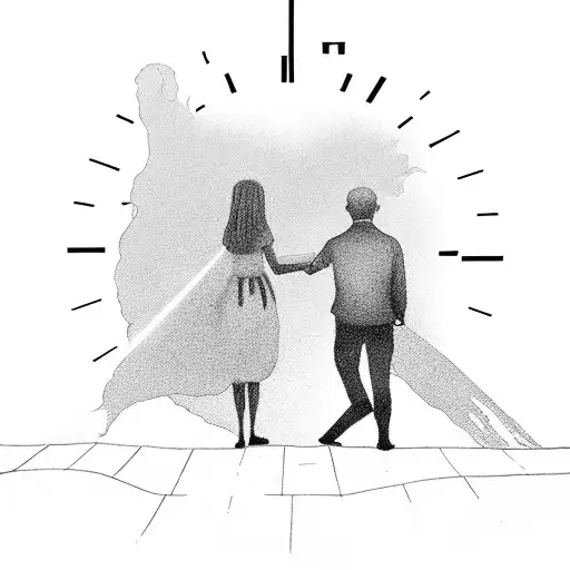 Father And Daughter Shadow Walking On The Sunset With A Clock