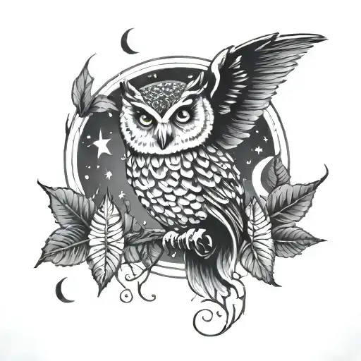 Leaves Falling Owl Flying Moon