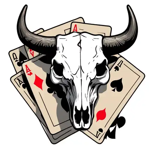 Western Bull Skull With Playing Cards Behind It