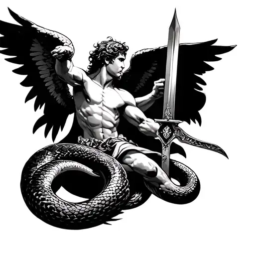 Archangel Michael Fighting A Snake Coiled With A Sword
