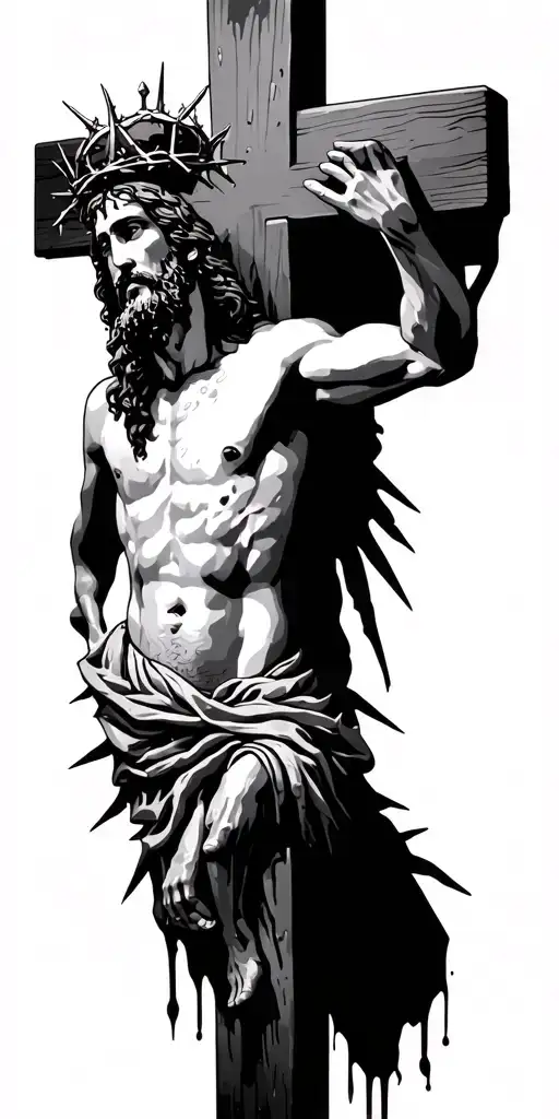 Jesus On The Cross With Spikes In His Hands And Feet With A Crown Of Thorns Bleeding