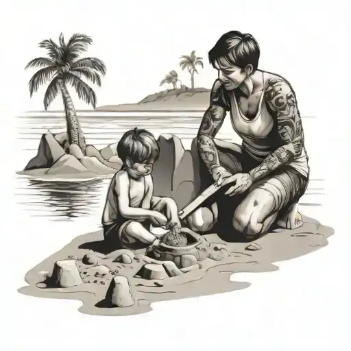 A Beach Scene With A Mother And Son Building A Sandcastle
