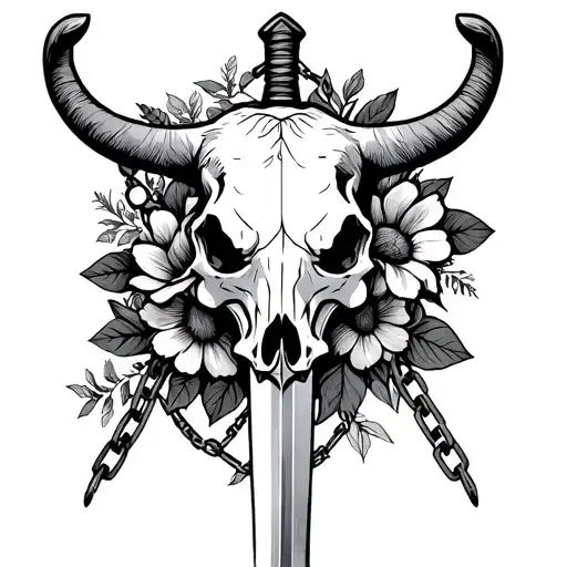 Sword Cow Skull Chevalry With Flowers Surrounding Everything With Chains