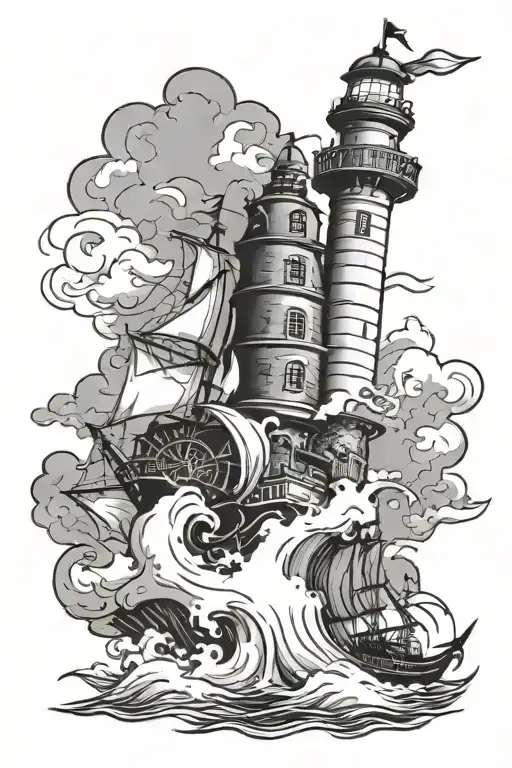 Lighthouse With Pirate Ship Sailing Through Stormy