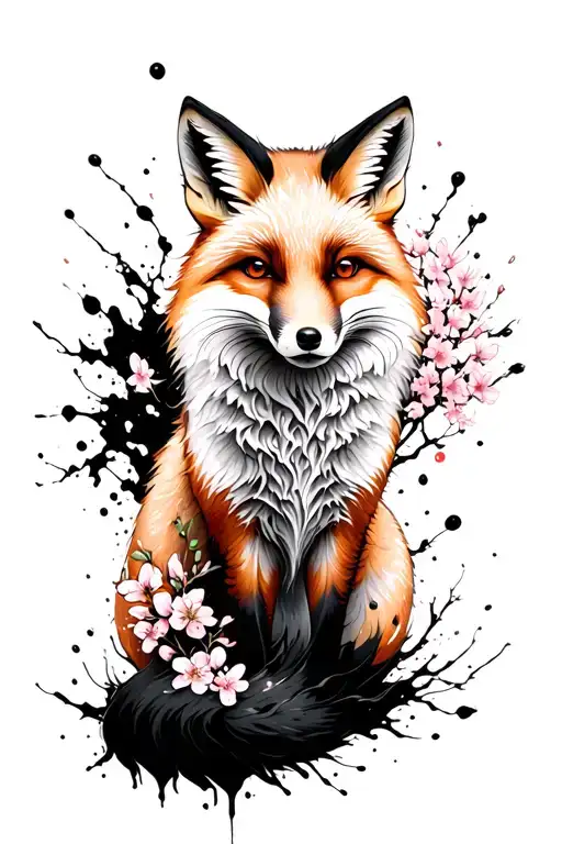 A Fox In Japanese Style With Black Ink Splatter Cherry Blossom