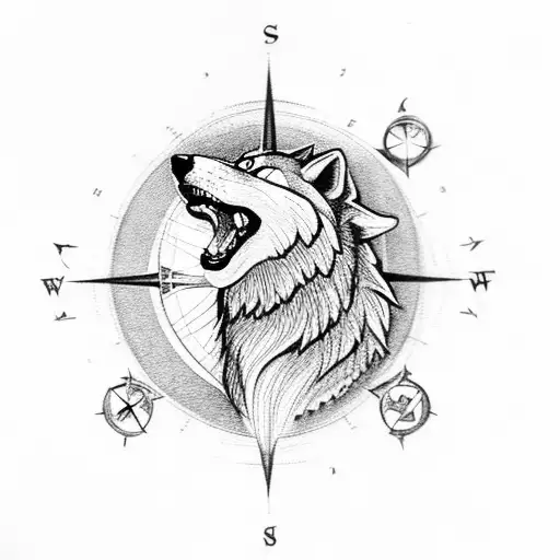 A Wolf Howling At The Moon With A Compass Rose Integrated Into The Design