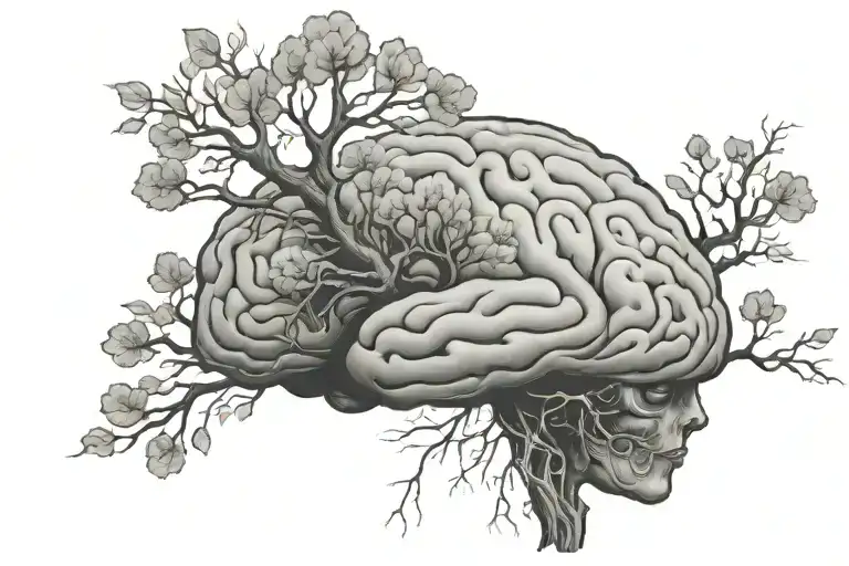 A Surreal Scene Of A Floating Brain Meditating Under A Tree Of Wisdom