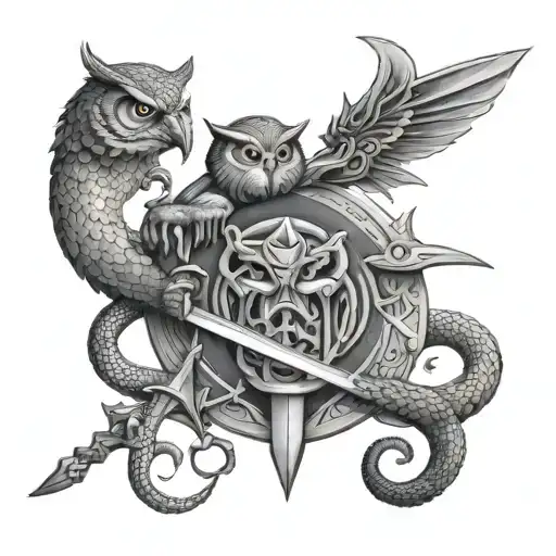 Snake And An Owl In An Epic Battle With A Sword Between The Two