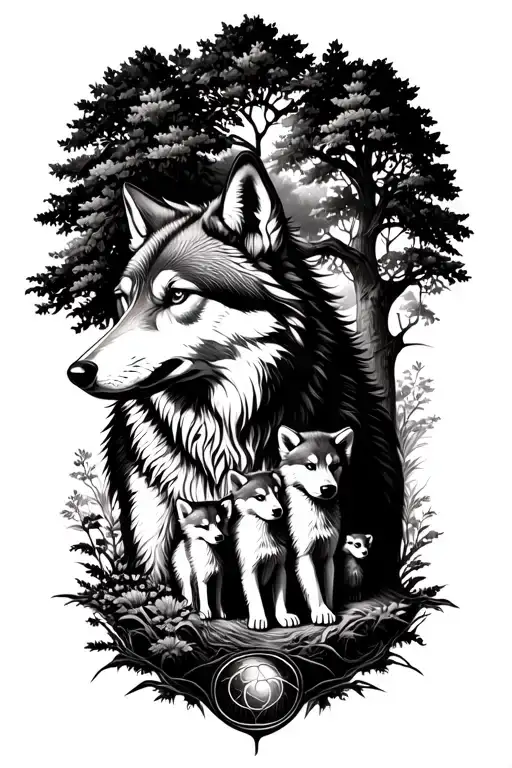 Wolf That Hugs In Profile To His 3 Cubs And A Tree Of Life In A Lap Plan Surrounding The Scene