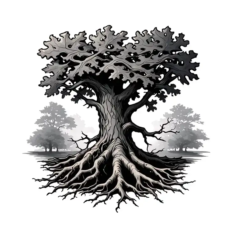 Oak With Roots And 11 Branches