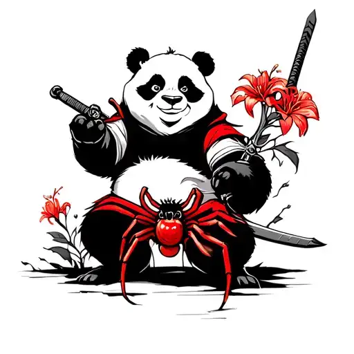 Japanese Theme Kungfu Panda Warrior With A Sword And Red Spider Lily And Cherry Blossom Flower