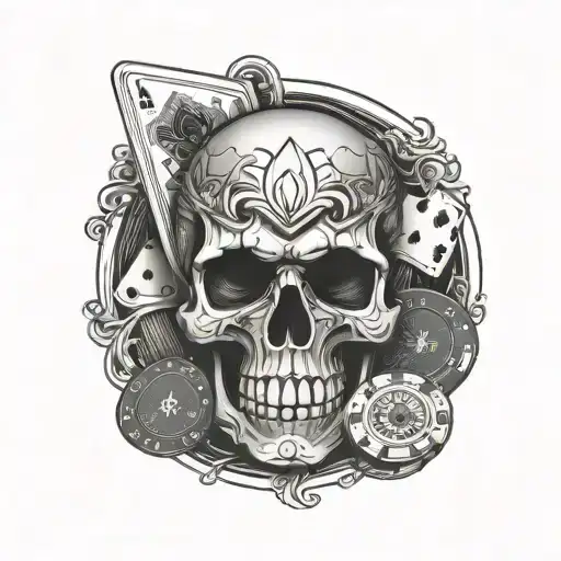 Skull With Poker Chips And Cards In The Backgrounds