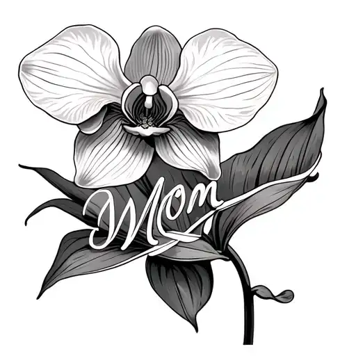 An Orchid With A Single Flower Receptacle And The Word Mom In Cursive Integrated Into It