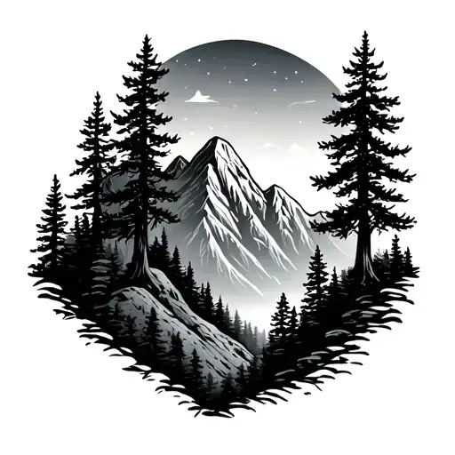 Trees With Mountainous Area Fine Line