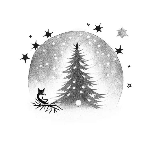A Tree Silhouette With Glowing Stars And A Cat Lounging On A Branch
