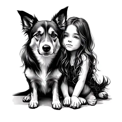 Dog And Girl Sitting Together Fine Line Drawing