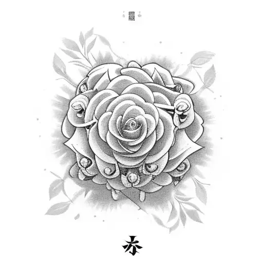 Combine A Bouquet Of Flowers With The Cho Ku Rei Symbol In A Black And Grey Style